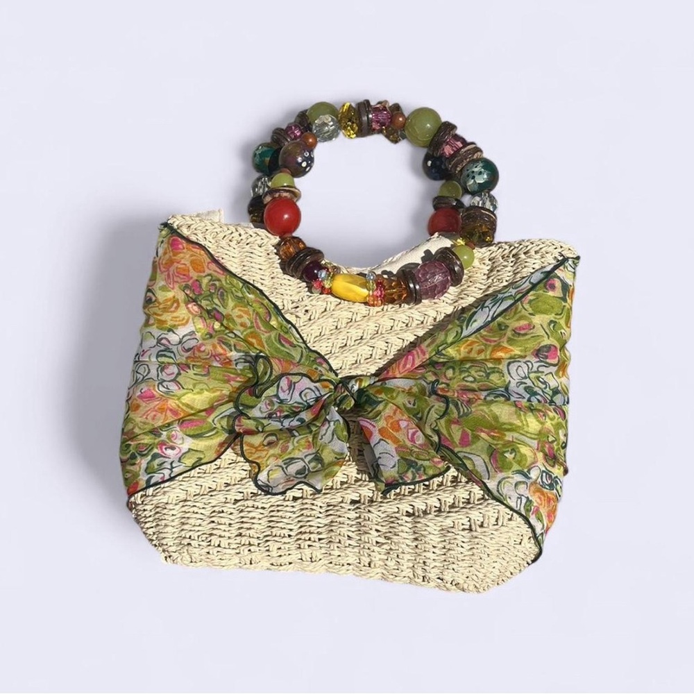 Beaded Handle Floral Scarf Woven Bag